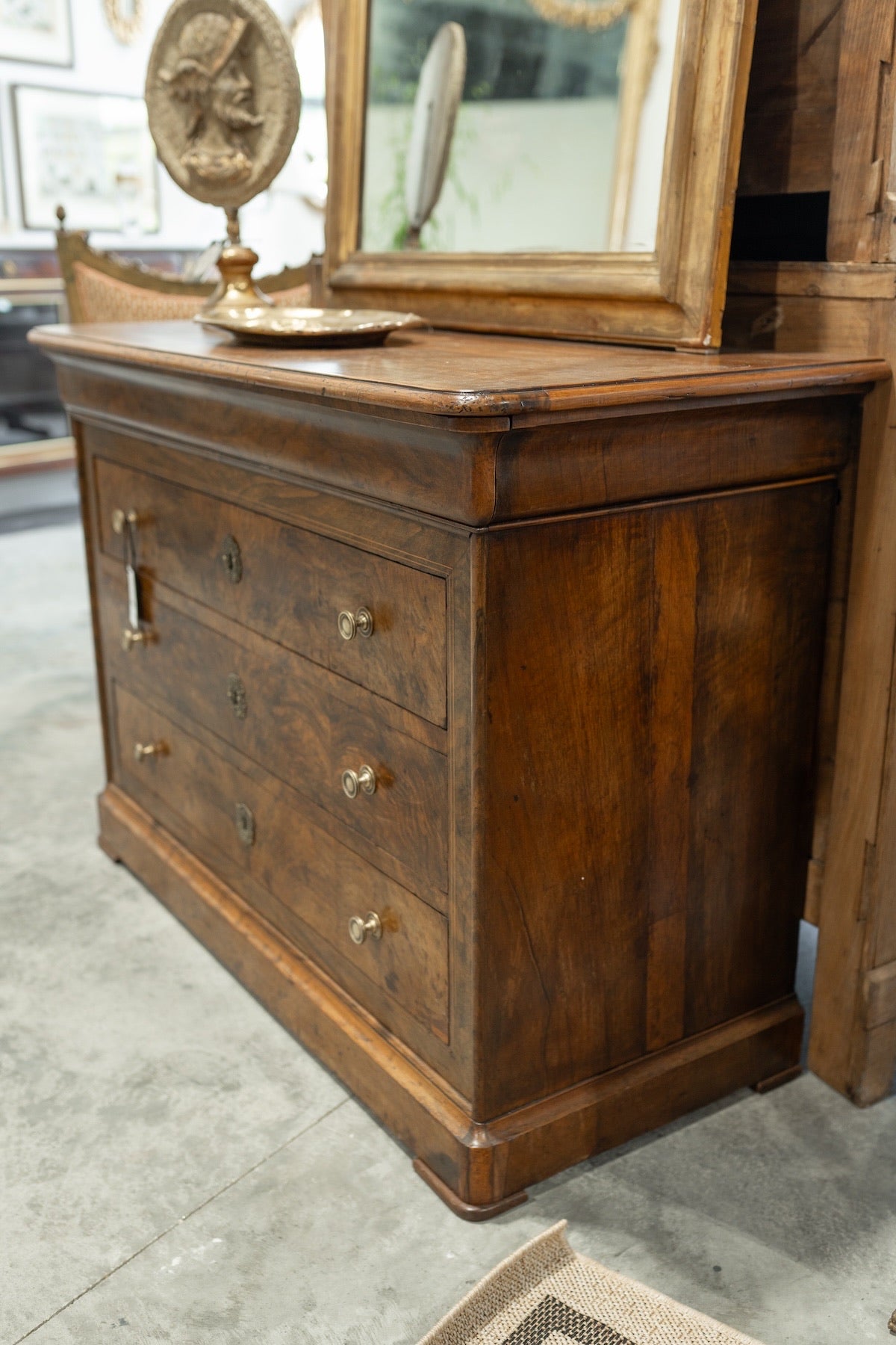 19th C. French Louis Phillipe Style Walnut Chest with Burl Veneer Drawer Fronts