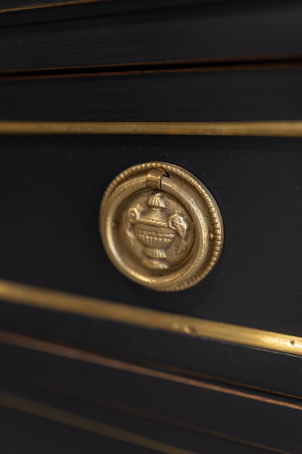 French Louis XVI Style Navy Blue Commode with Marble Top & Brass Hardware
