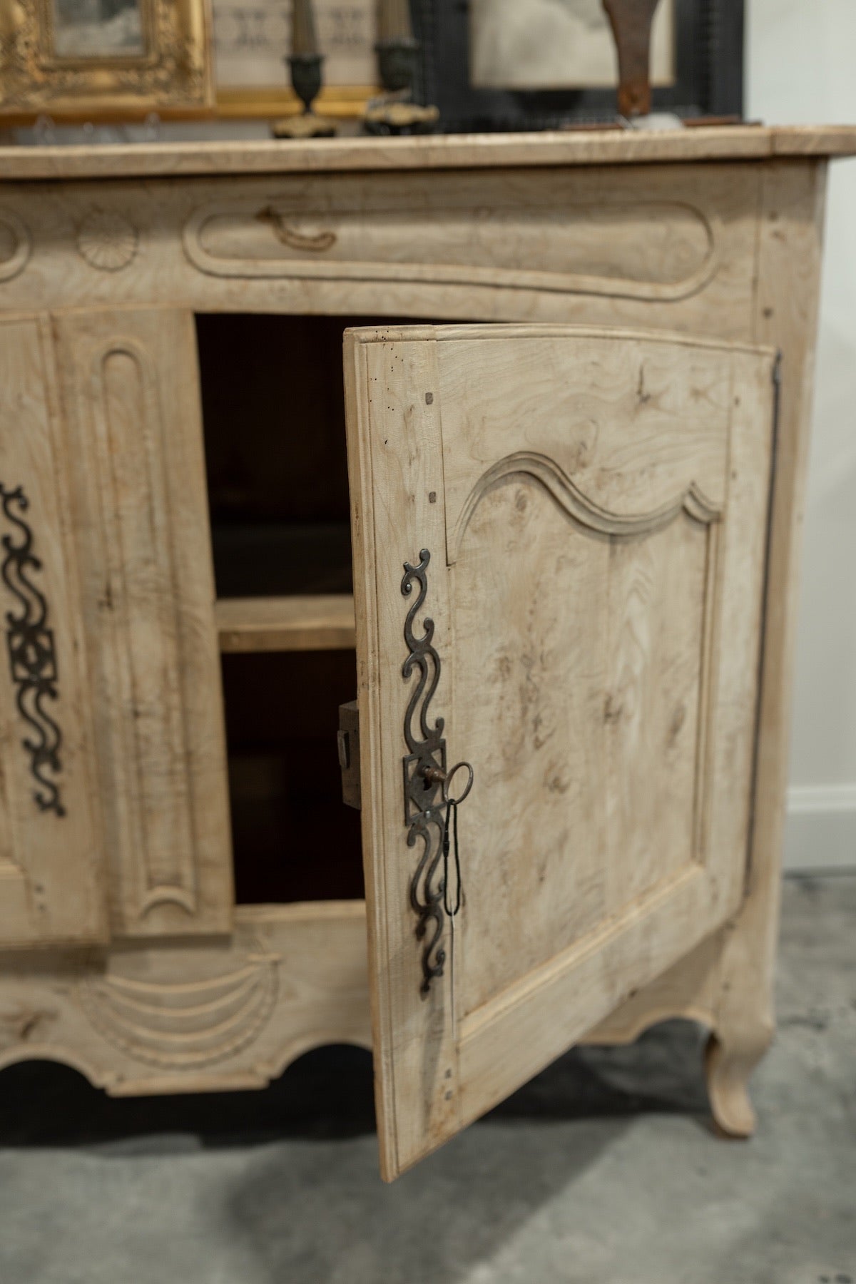 18th C. French Provincial Oak Buffet W. Hand Carved Doors & Iron Hardware