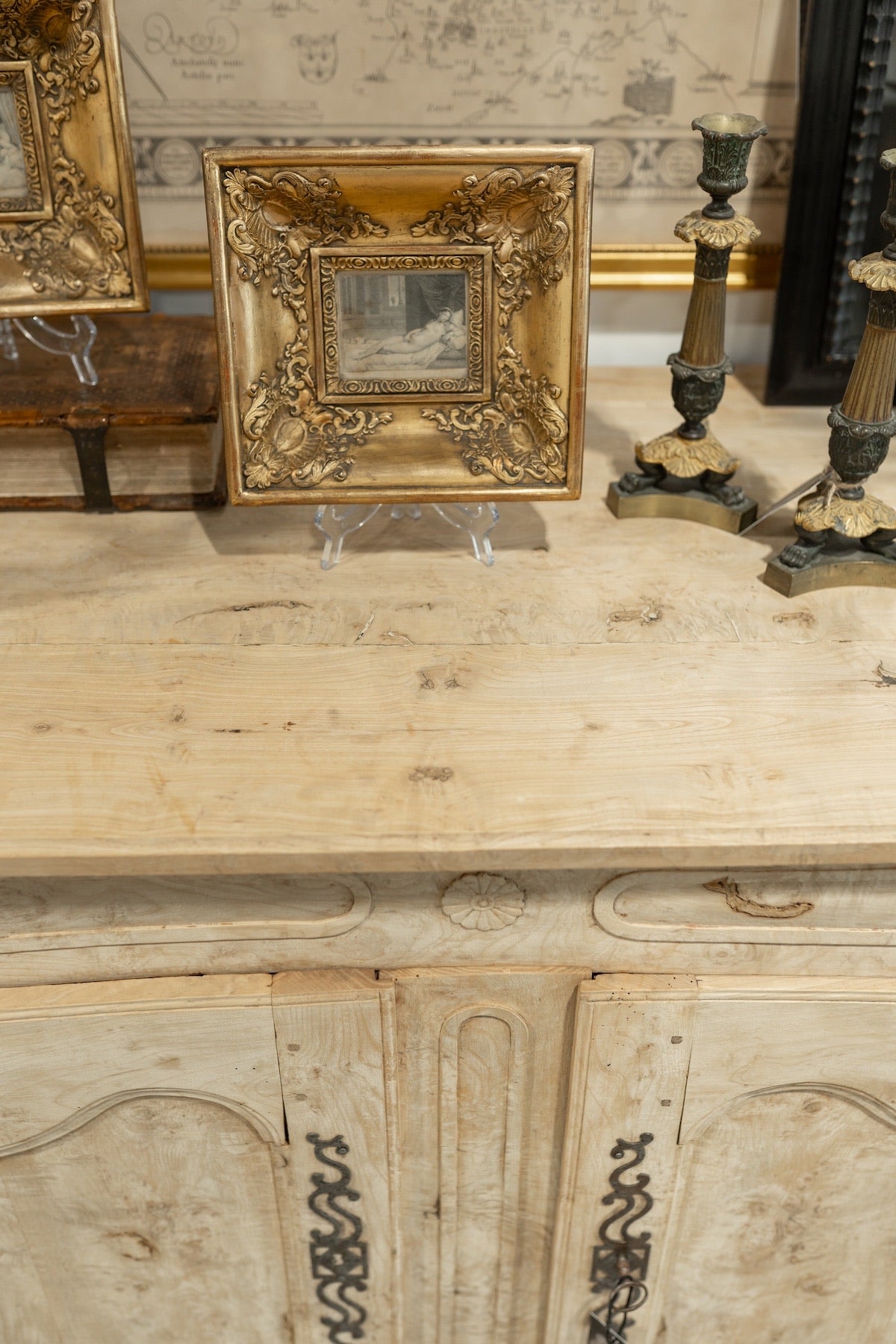 18th C. French Provincial Oak Buffet W. Hand Carved Doors & Iron Hardware