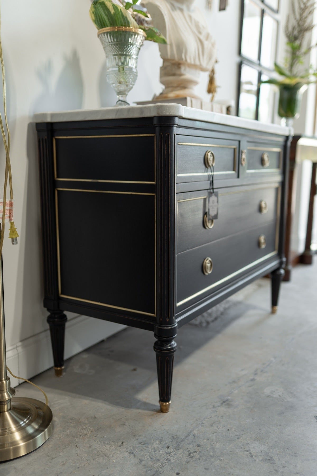 French Louis XVI Style Navy Blue Commode with Marble Top & Brass Hardware