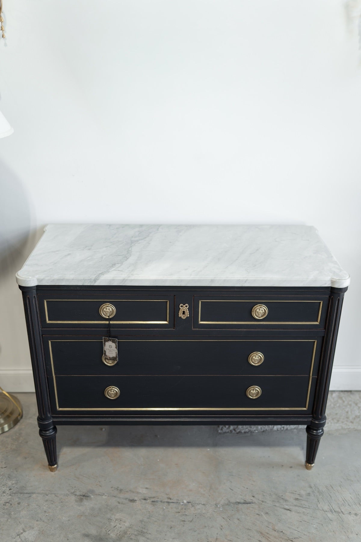 French Louis XVI Style Navy Blue Commode with Marble Top & Brass Hardware