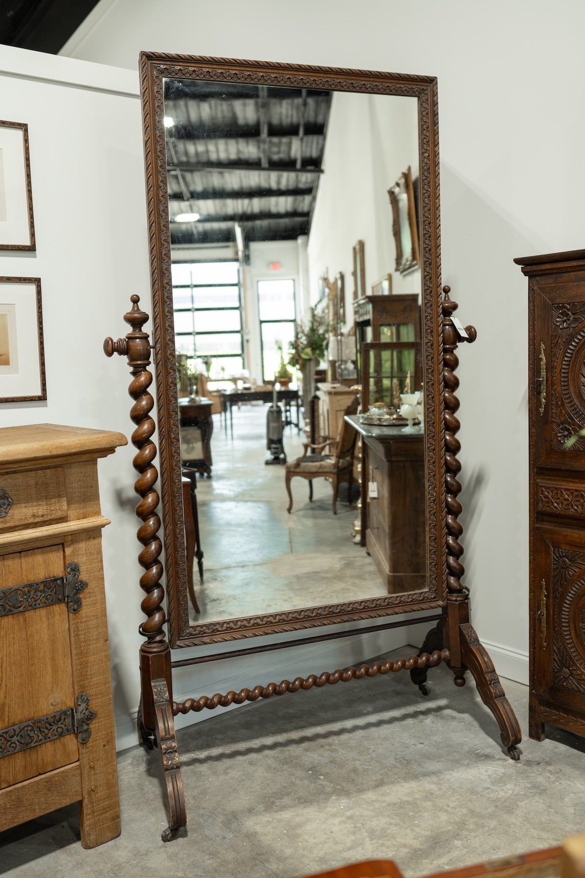19th C. French Barley Twist Cheval Mirror in Carved Walnut