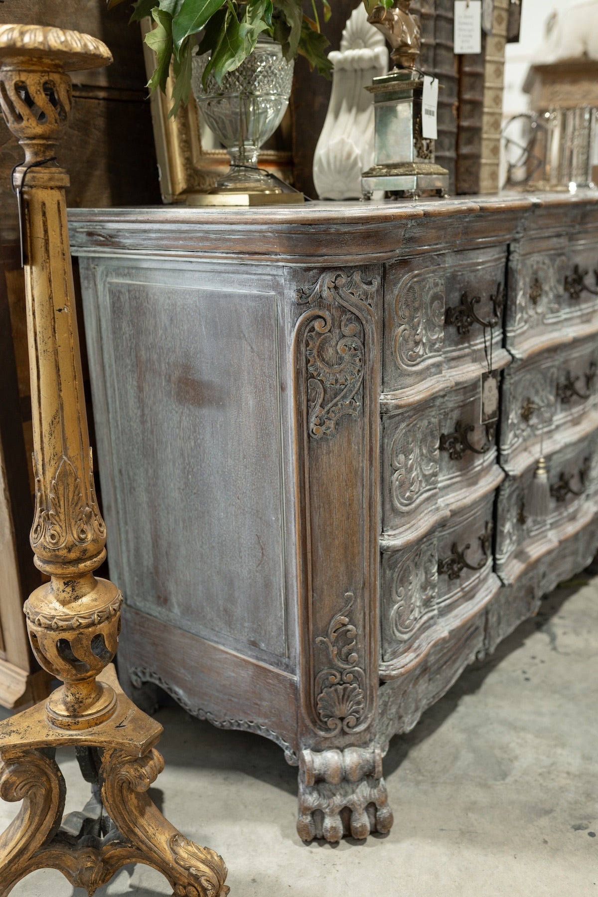 19th C. French Provincial Hand Carved Rococo Oak Painted Sideboard