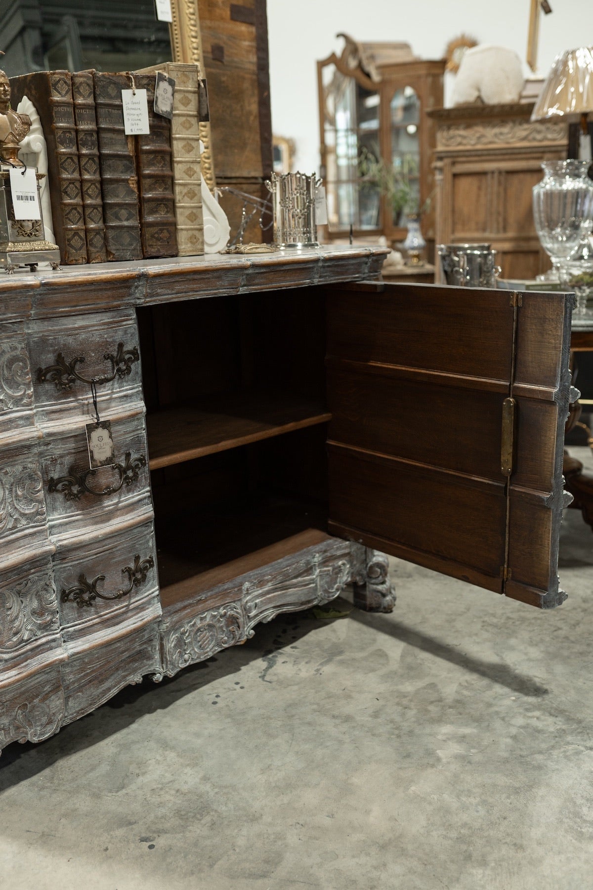 19th C. French Provincial Hand Carved Rococo Oak Painted Sideboard