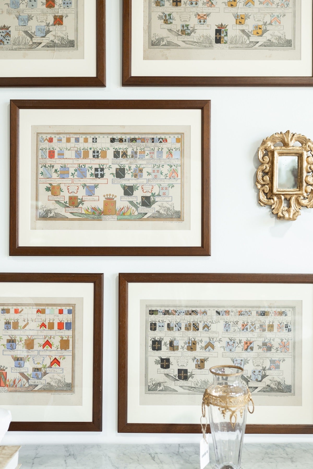 Hand Color Heraldic Engraving - Nobal European Armorial & Genealogical Studies | Framed Continental Crests & Family Coat of Arms Set of 8