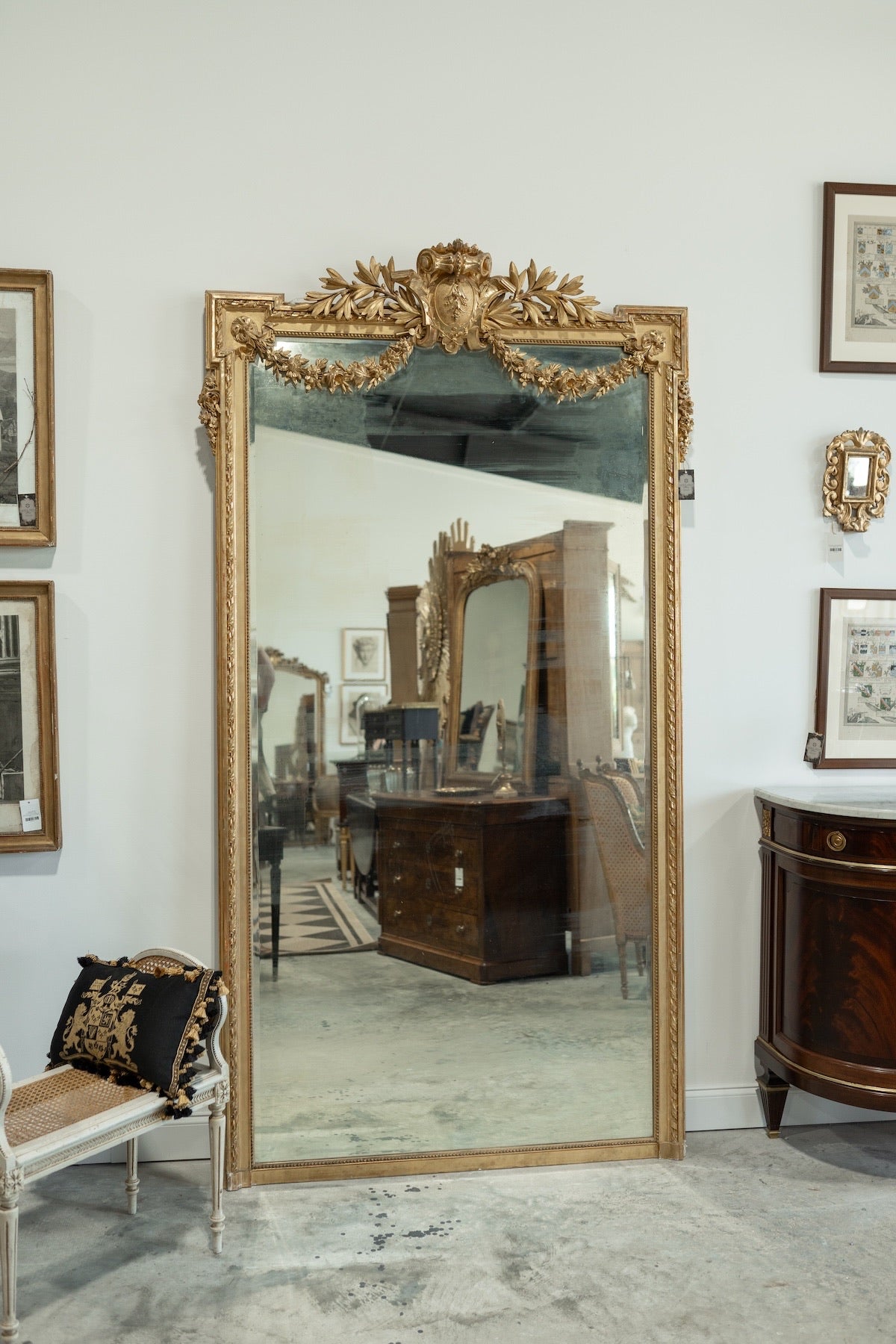 19th C. French Neoclassical Gilt Mirror with Draped Laurel Garlands & Urn Crest | From French Chateau