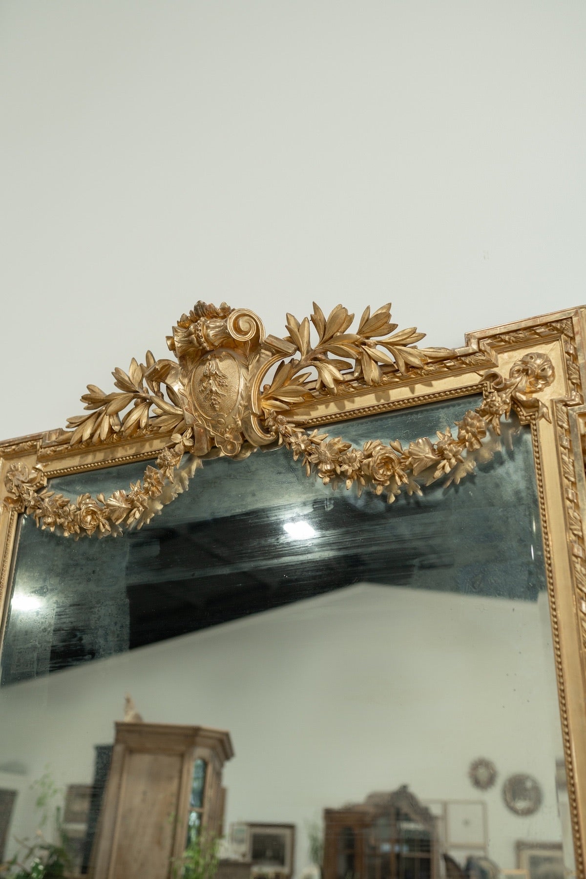19th C. French Neoclassical Gilt Mirror with Draped Laurel Garlands & Urn Crest | From French Chateau