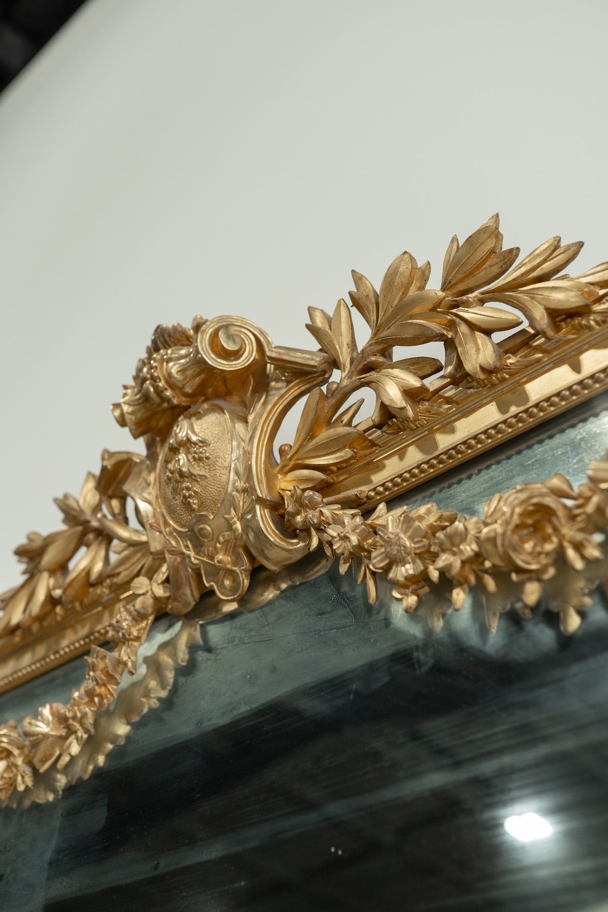 19th C. French Neoclassical Gilt Mirror with Draped Laurel Garlands & Urn Crest | From French Chateau