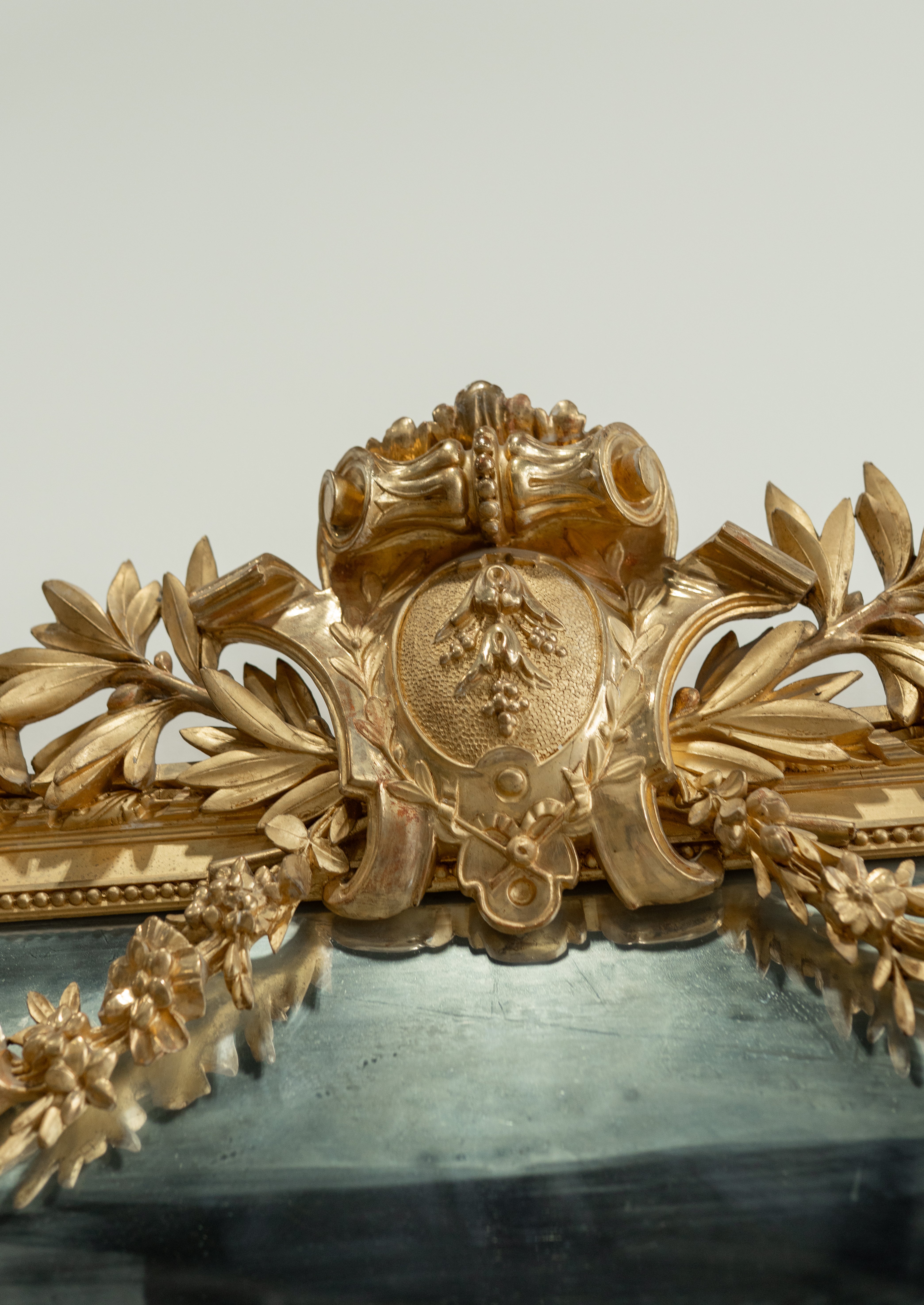19th C. French Neoclassical Gilt Mirror with Draped Laurel Garlands & Urn Crest | From French Chateau