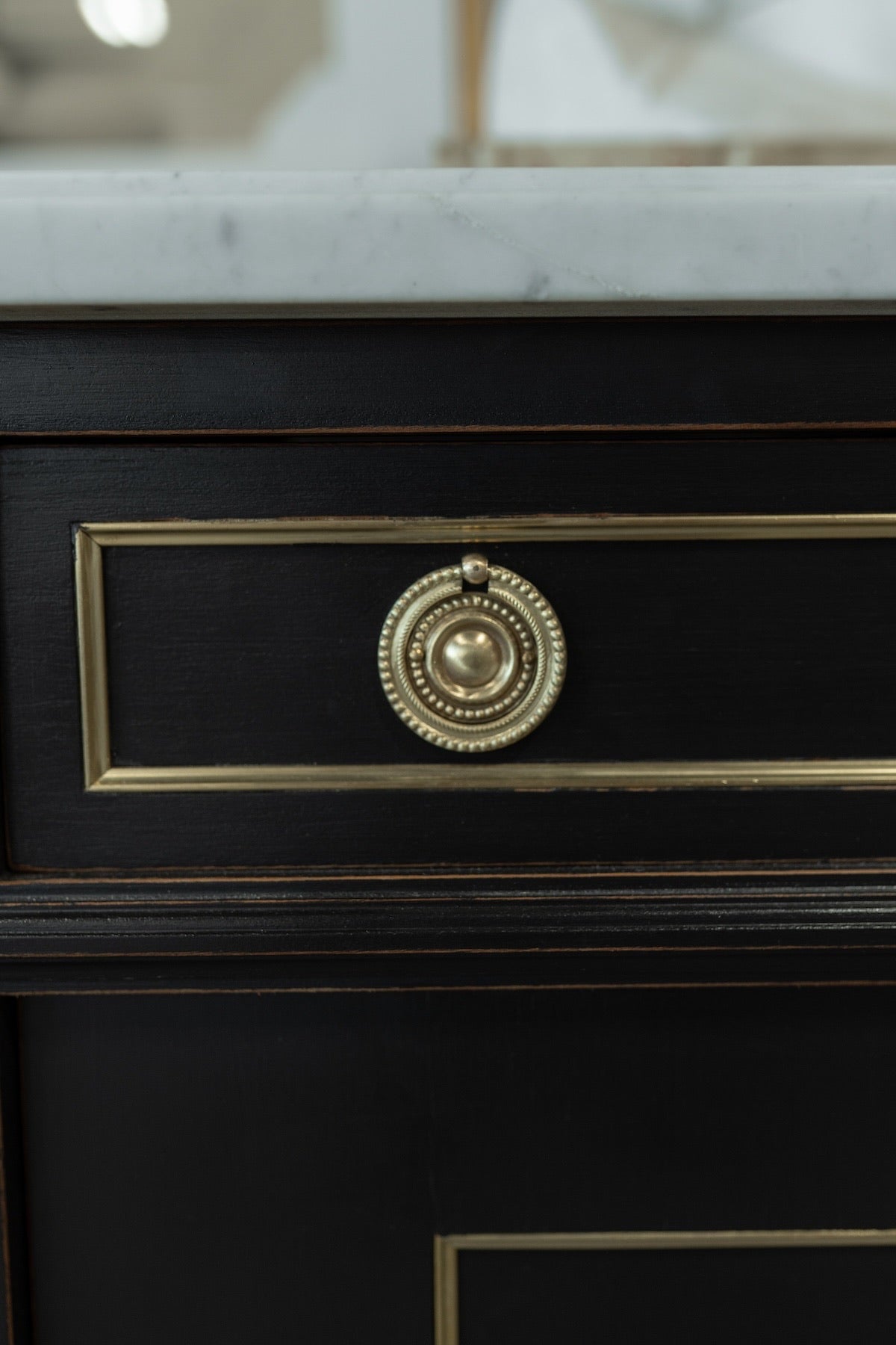 20th C. French Black Marbletop Neoclassical Buffet Credenza with Brass Inlay