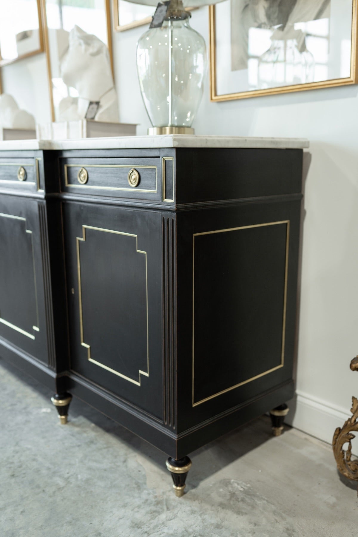 20th C. French Black Marbletop Neoclassical Buffet Credenza with Brass Inlay