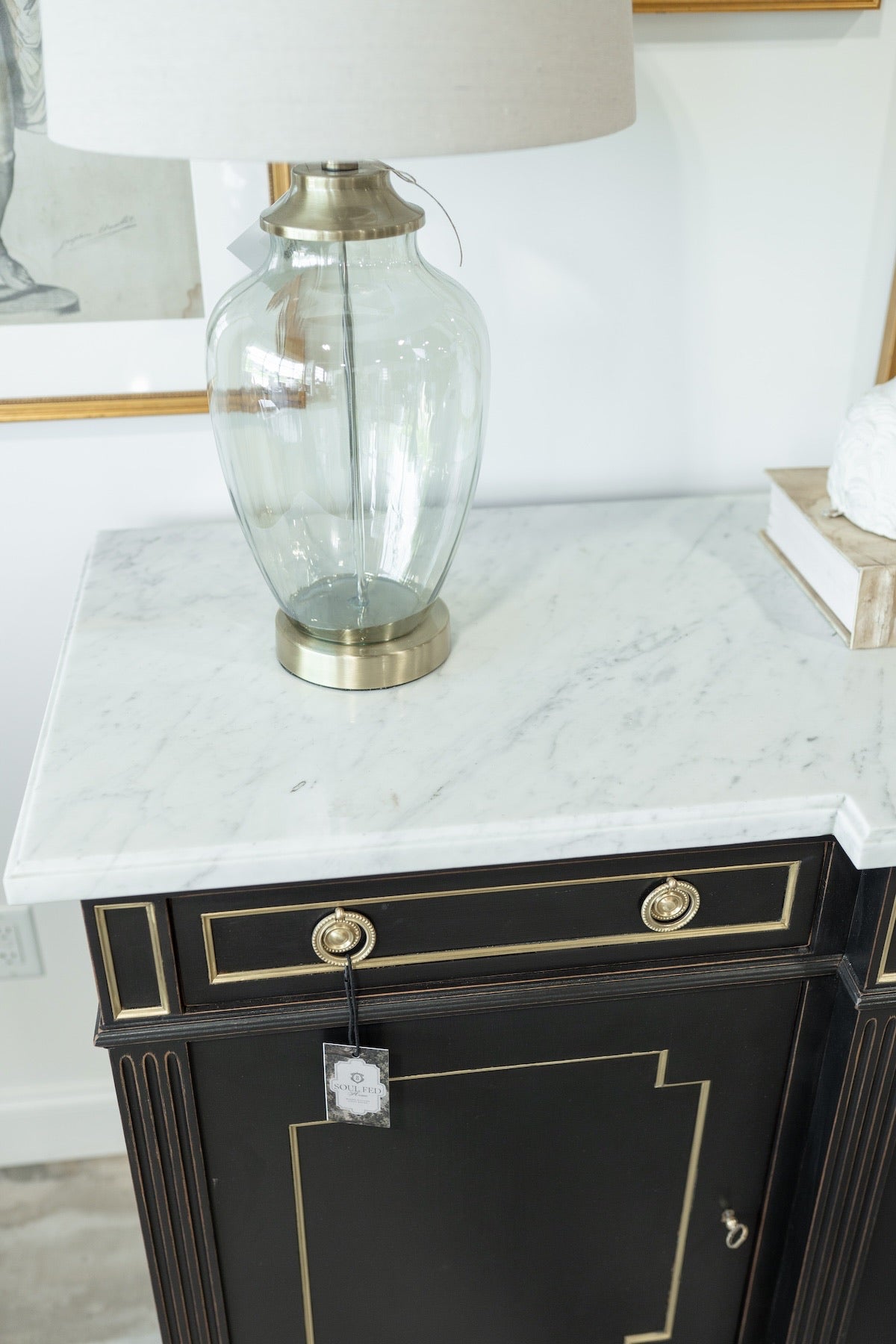 20th C. French Black Marbletop Neoclassical Buffet Credenza with Brass Inlay