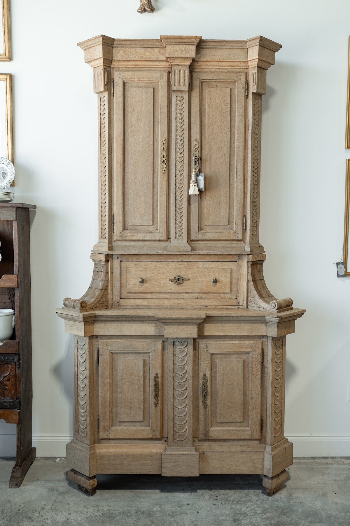 19th C. French Henri II Style Buffet Deux Corps in Bleached Oak