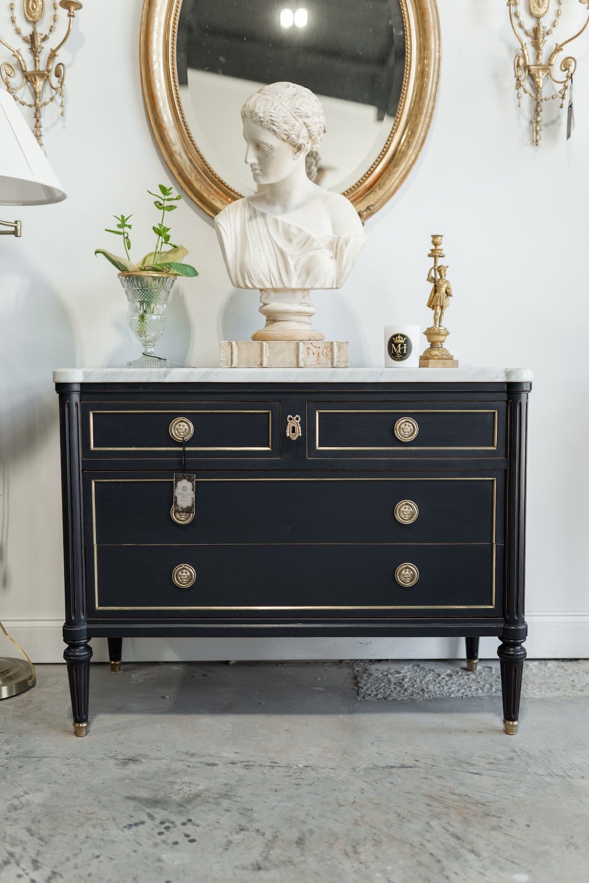 French Louis XVI Style Navy Blue Commode with Marble Top & Brass Hardware
