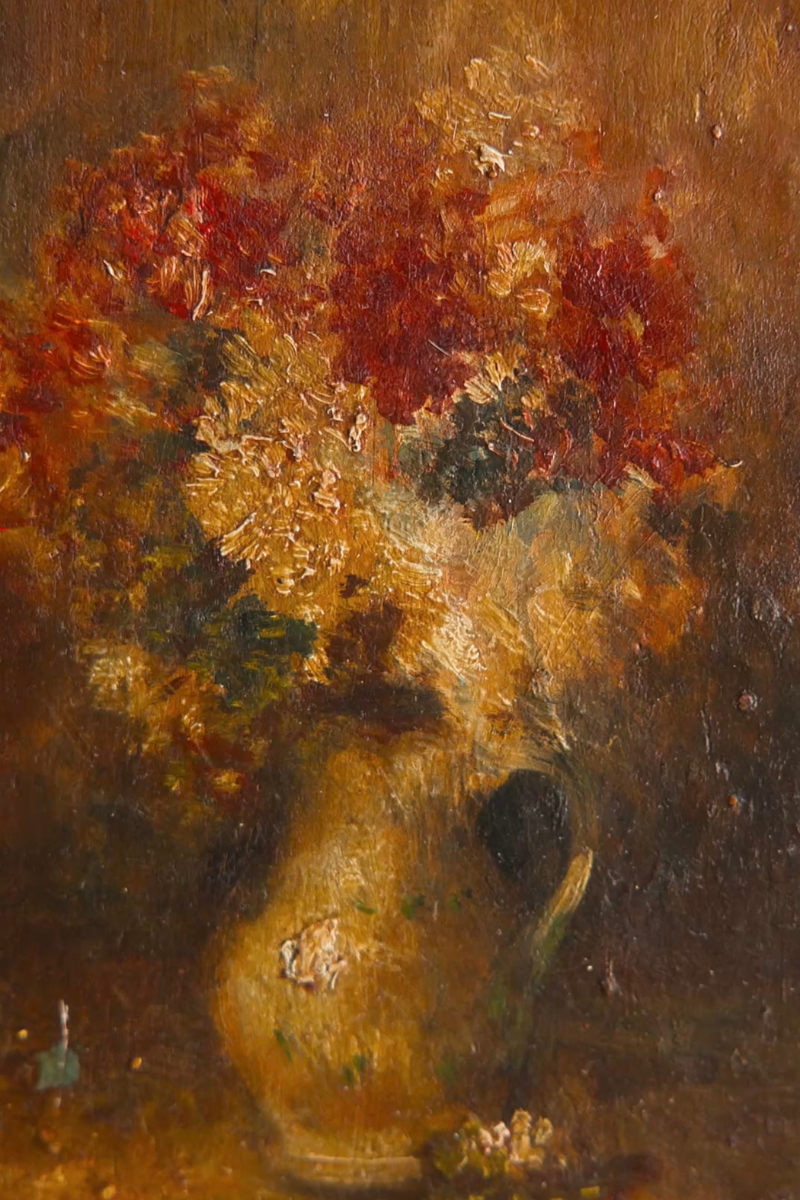 Autumn Blooms in a Pitcher — Floral Painting on Wood Board