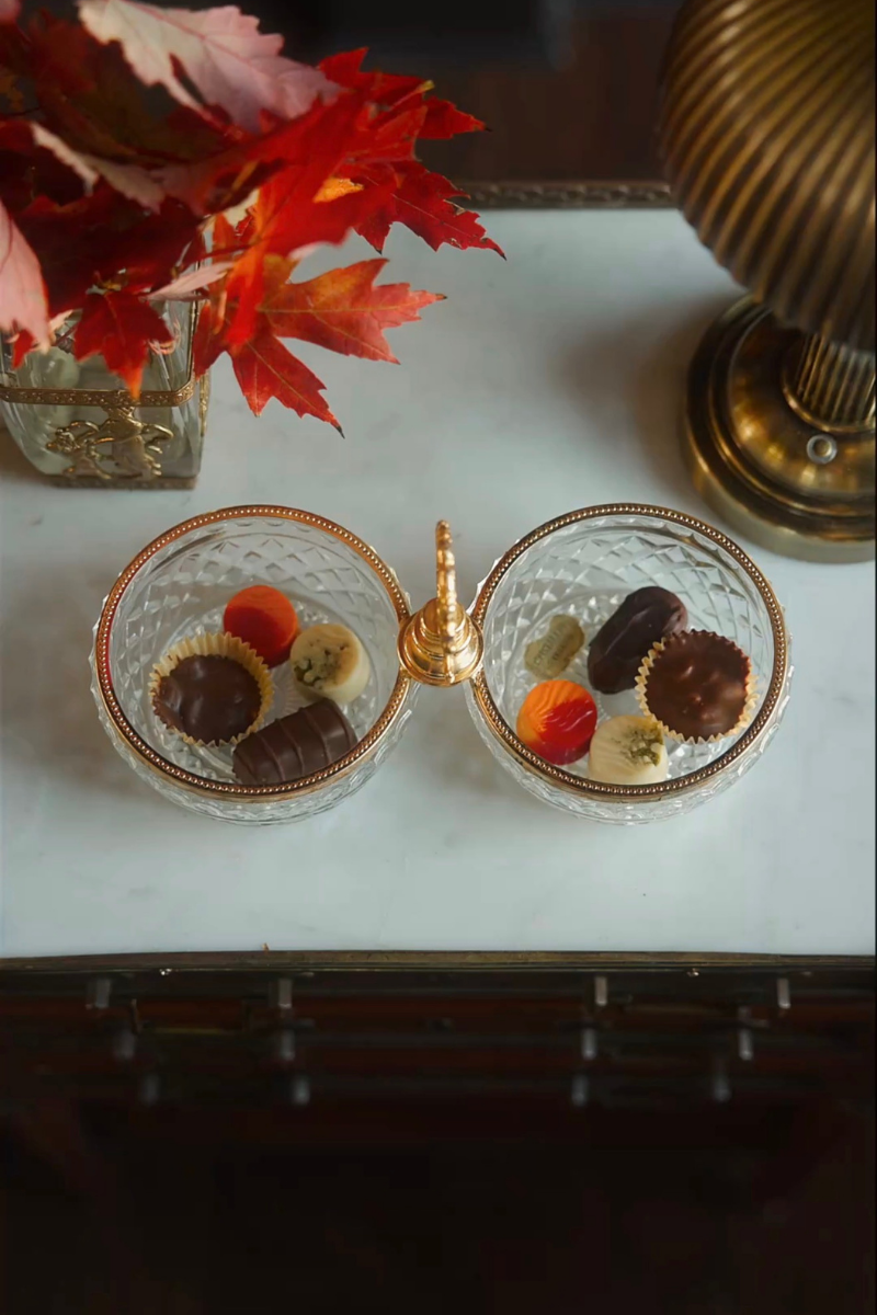 Italian Crystal & Brass Double Candy Dish