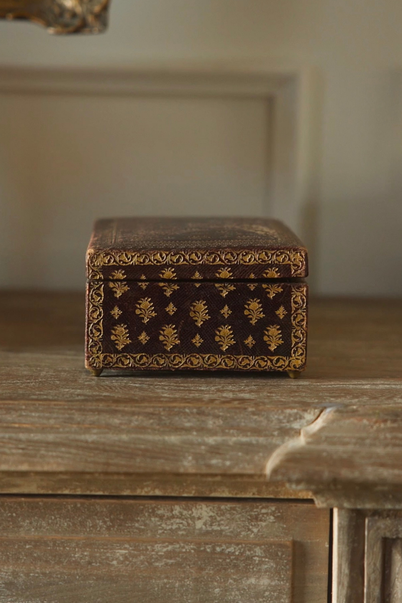 Gilt-Decorated Leather Jewelry Box with Burgundy Velvet Interior
