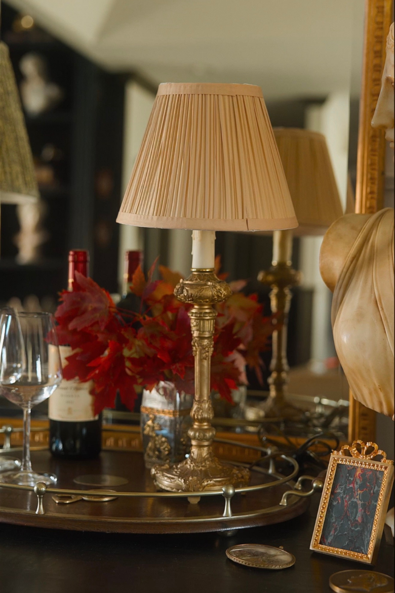 Louis XVI–Style Bronze Table Lamp with Pleated Silk Shade