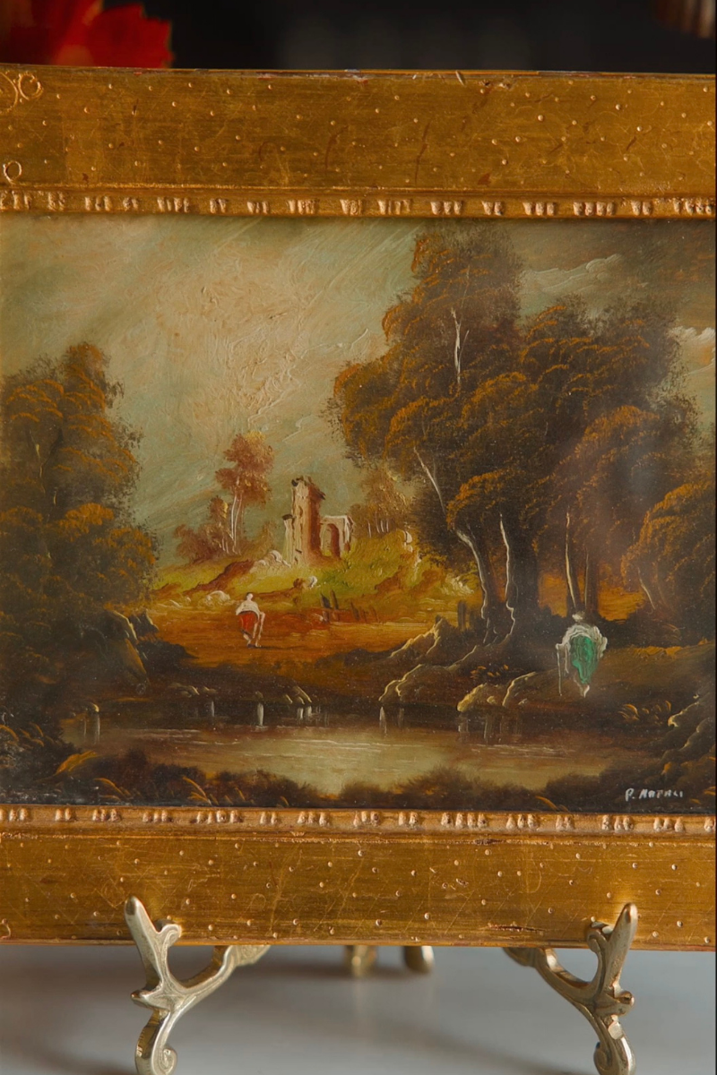 Pastoral Landscape with Ruins — Signed Painting in a Gilt Frame