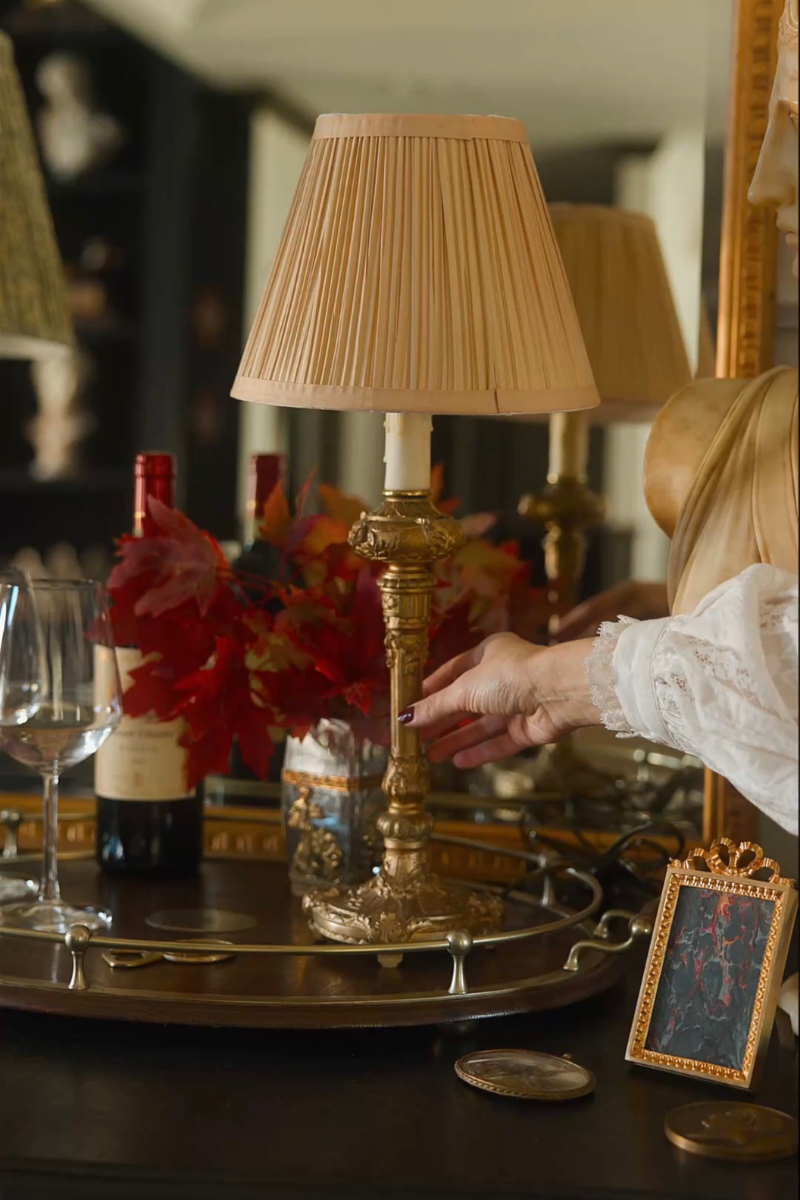 Louis XVI–Style Bronze Table Lamp with Pleated Silk Shade