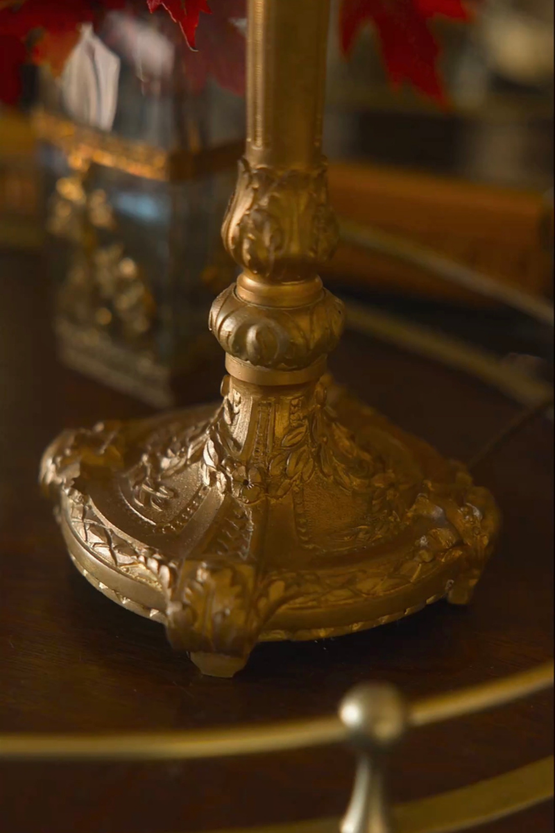 Louis XVI–Style Bronze Table Lamp with Pleated Silk Shade