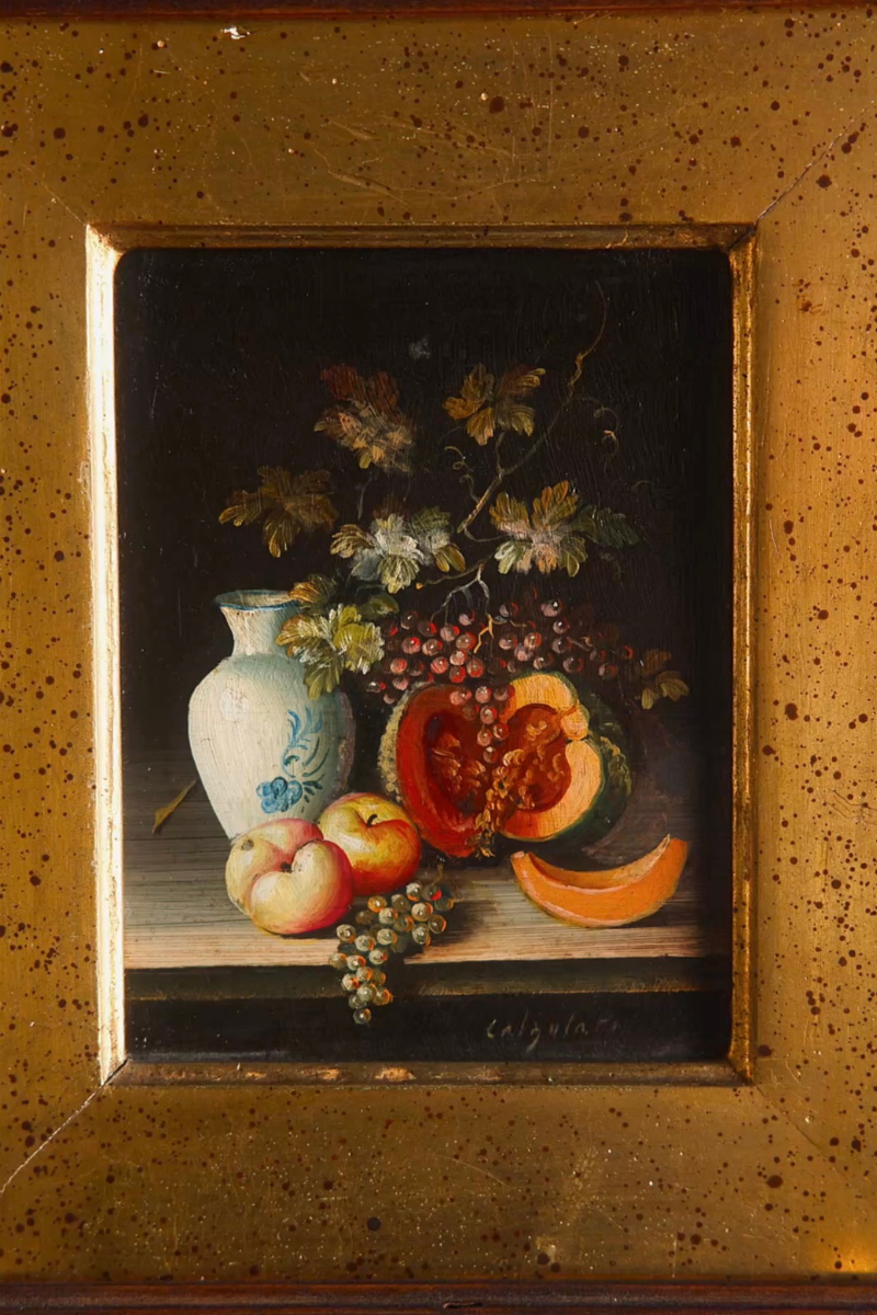 Harvest Still Life with Pumpkin & Grapes — Oil on Copper