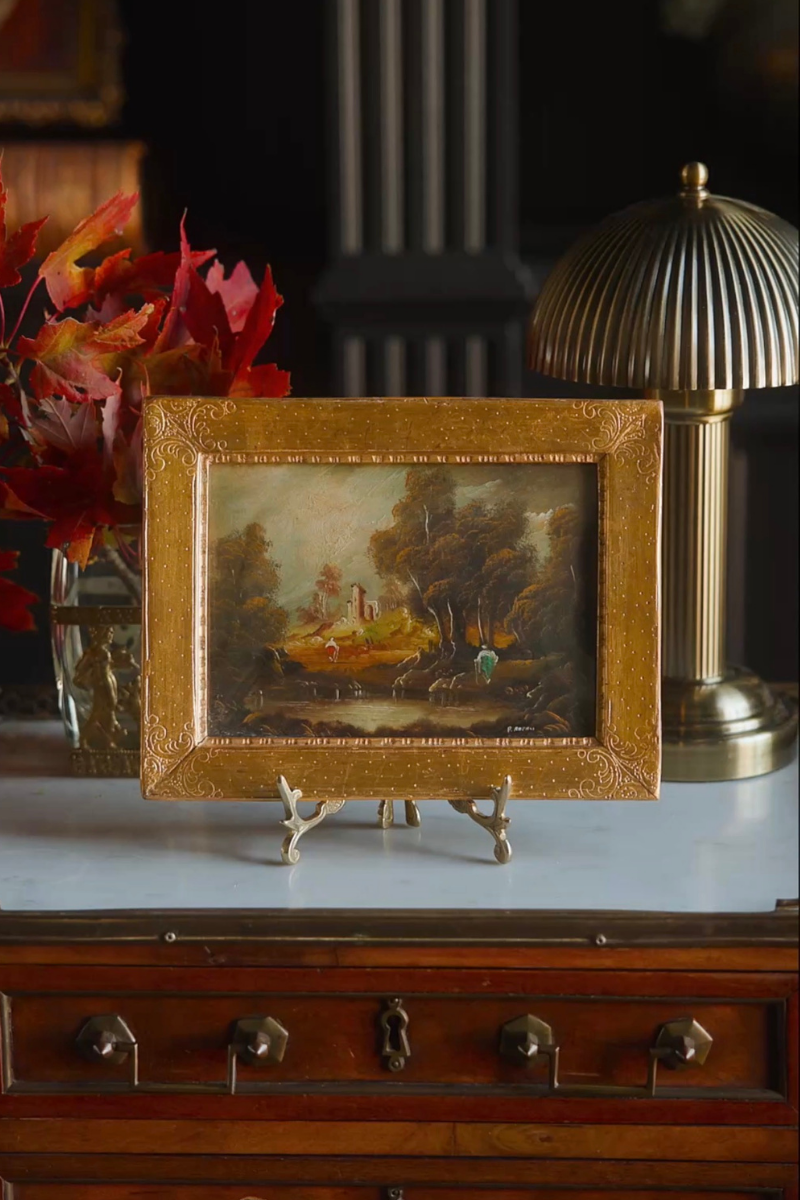 Pastoral Landscape with Ruins — Signed Painting in a Gilt Frame