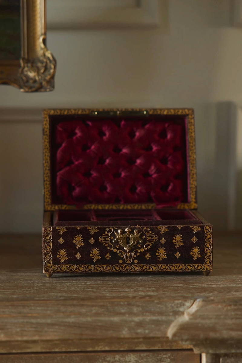 Gilt-Decorated Leather Jewelry Box with Burgundy Velvet Interior