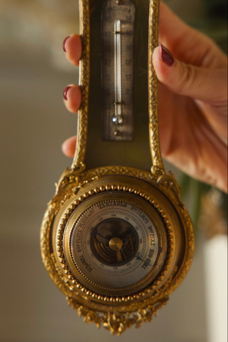 French Onyx & Bronze Barometer with Thermometer